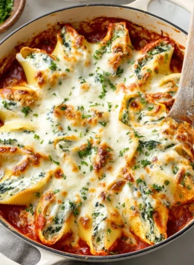 Baked stuffed shells filled with cream cheese and marinara sauce