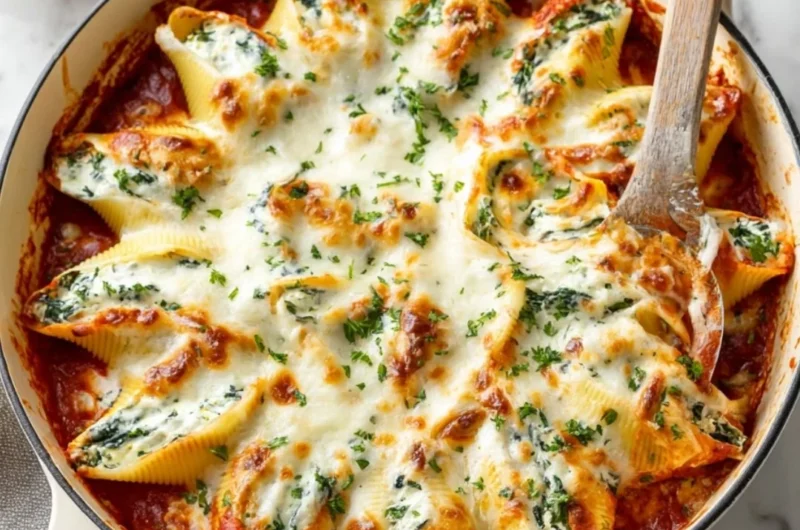 Baked stuffed shells filled with cream cheese and marinara sauce