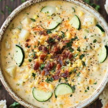 Bowl of summer Corn Zucchini Chowder with fresh vegetables