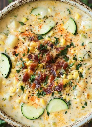 Bowl of summer Corn Zucchini Chowder with fresh vegetables