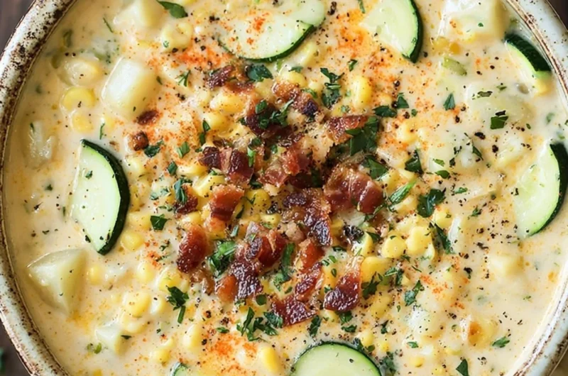 Bowl of summer Corn Zucchini Chowder with fresh vegetables