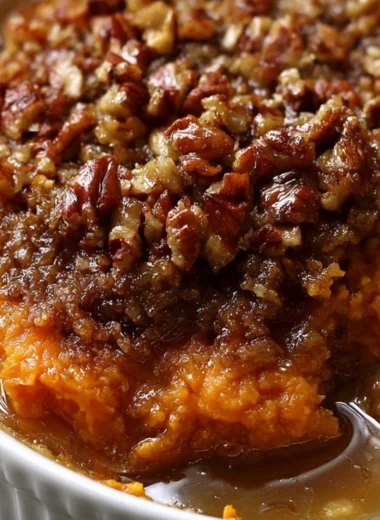 Creamy sweet potato casserole topped with marshmallows and pecans.