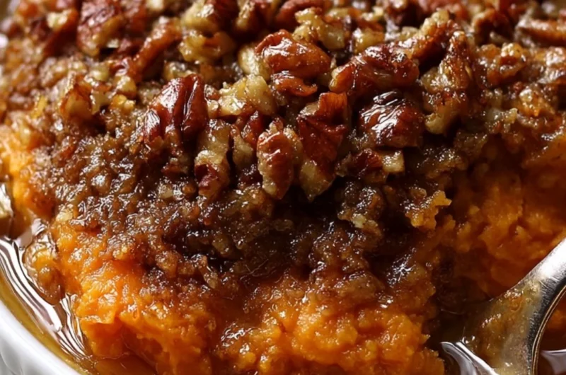 Creamy sweet potato casserole topped with marshmallows and pecans.
