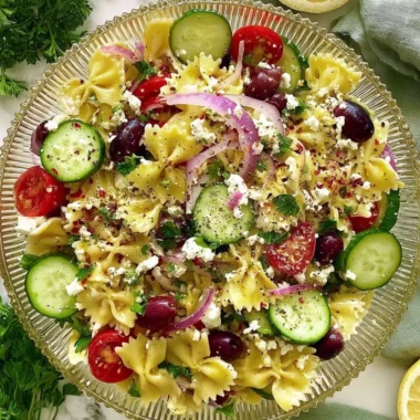 Delicious tangy Mediterranean pasta salad with colorful vegetables and dressing