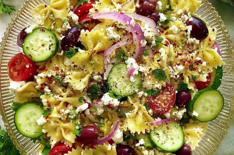 Delicious tangy Mediterranean pasta salad with colorful vegetables and dressing