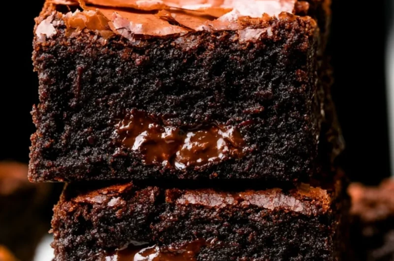 Ultimate fudgy brownies topped with chocolate and served on a rustic plate.