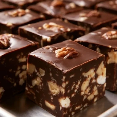 A delicious batch of TOLL HOUSE® Famous Fudge squares displayed on a plate.