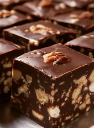 A delicious batch of TOLL HOUSE® Famous Fudge squares displayed on a plate.