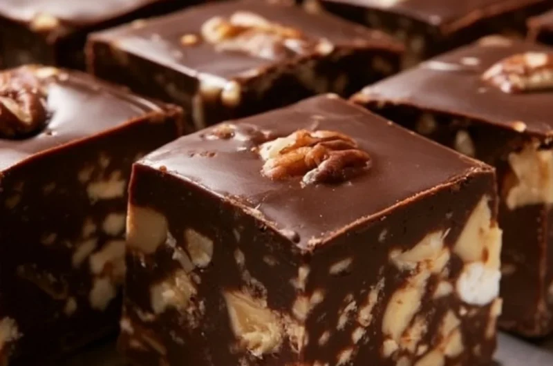 A delicious batch of TOLL HOUSE® Famous Fudge squares displayed on a plate.