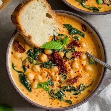 Delicious bowl of Tuscan garbanzo bean soup with herbs and vegetables.