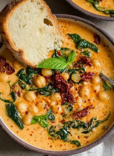 Delicious bowl of Tuscan garbanzo bean soup with herbs and vegetables.