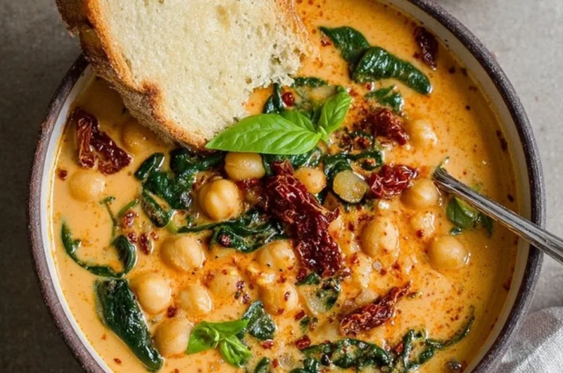 Delicious bowl of Tuscan garbanzo bean soup with herbs and vegetables.