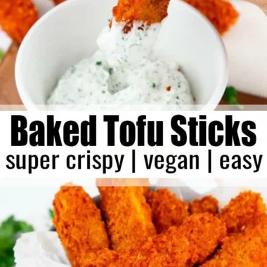 Delicious vegan baked tofu sticks served with a dipping sauce.