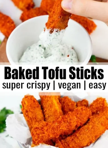 Delicious vegan baked tofu sticks served with a dipping sauce.