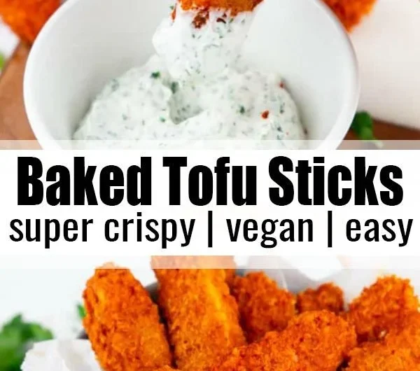 Delicious vegan baked tofu sticks served with a dipping sauce.
