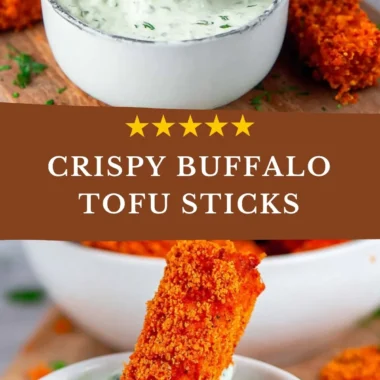 Crispy vegan baked tofu sticks served with dipping sauce