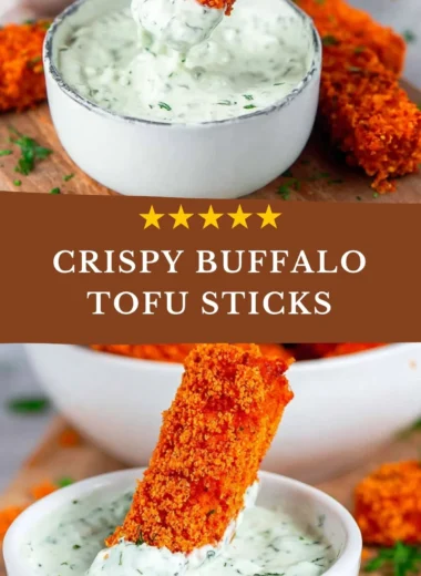 Crispy vegan baked tofu sticks served with dipping sauce