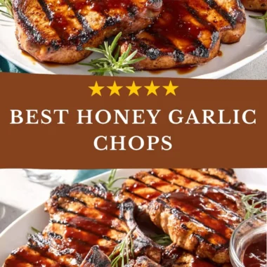 Juicy honey garlic pork chops served with a side of vegetables.