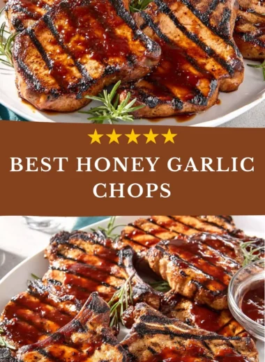 Juicy honey garlic pork chops served with a side of vegetables.
