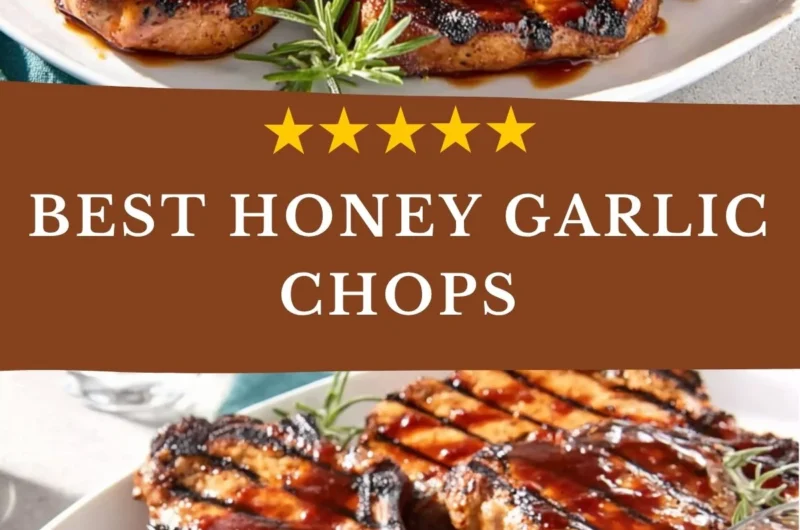 Juicy honey garlic pork chops served with a side of vegetables.