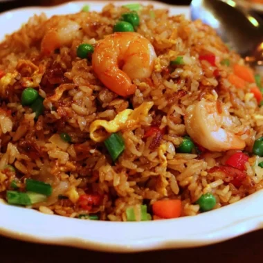 Plate of Asian restaurant-inspired fried rice with vegetables and shrimp