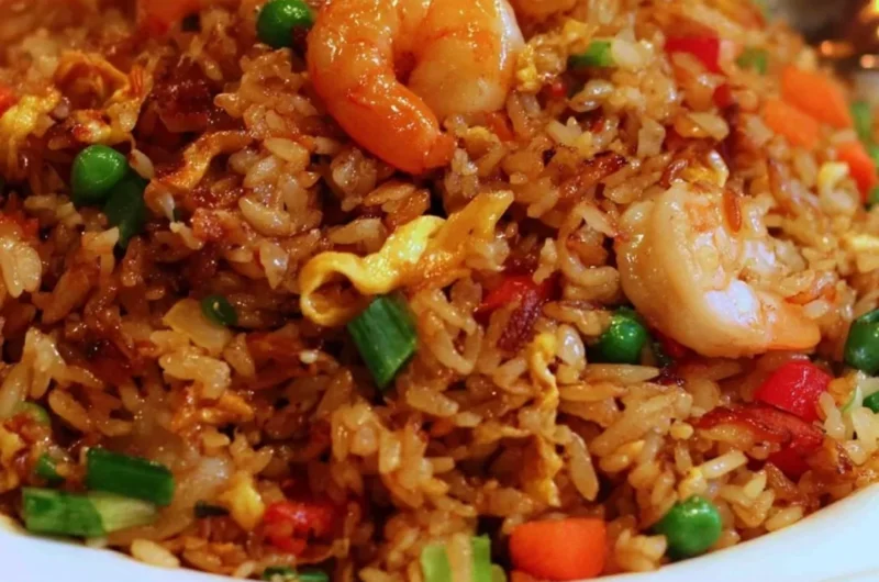 Plate of Asian restaurant-inspired fried rice with vegetables and shrimp