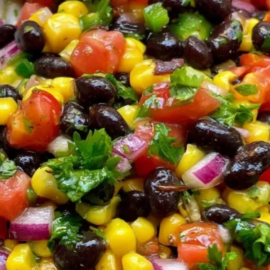 Homemade black bean corn salsa in a colorful bowl with fresh ingredients.