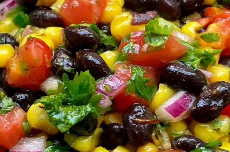 Homemade black bean corn salsa in a colorful bowl with fresh ingredients.