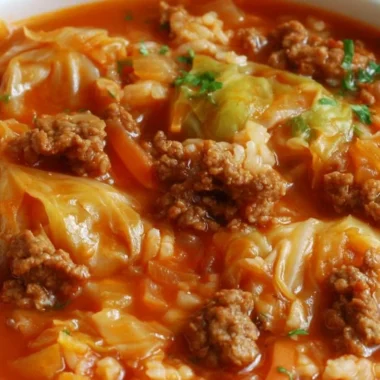 A bowl of homemade cabbage roll soup garnished with herbs and served with bread.