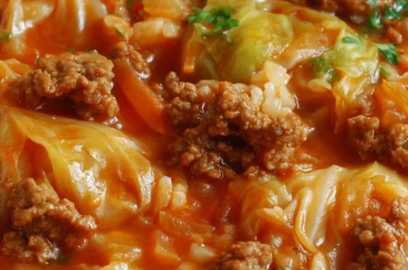 A bowl of homemade cabbage roll soup garnished with herbs and served with bread.