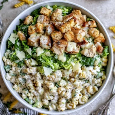 Delicious Chicken Caesar Pasta Salad with fresh ingredients and creamy dressing