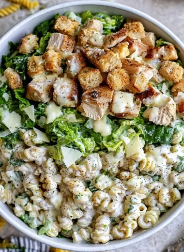 Delicious Chicken Caesar Pasta Salad with fresh ingredients and creamy dressing