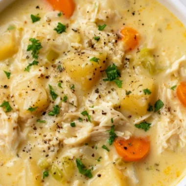 Delicious bowl of Chicken Pot Pie Soup with vegetables and flaky crust