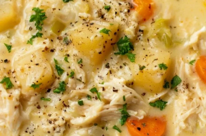 Delicious bowl of Chicken Pot Pie Soup with vegetables and flaky crust