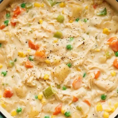 Delicious Chicken Pot Pie Soup served in a bowl, highlighting its creamy texture and vegetables.