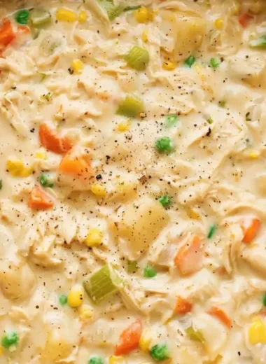 Delicious Chicken Pot Pie Soup served in a bowl, highlighting its creamy texture and vegetables.