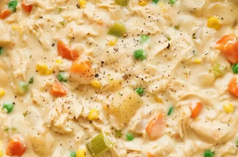 Delicious Chicken Pot Pie Soup served in a bowl, highlighting its creamy texture and vegetables.