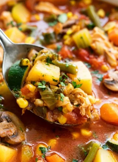 A bowl of hearty Chicken Vegetable Soup with fresh vegetables and tender chicken.