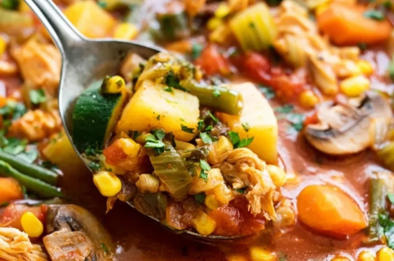A bowl of hearty Chicken Vegetable Soup with fresh vegetables and tender chicken.