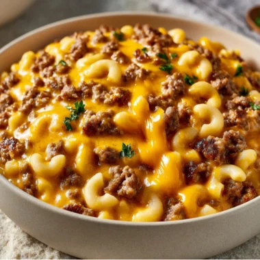 Cozy Cheesy Hamburger Helper dish served hot in a bowl