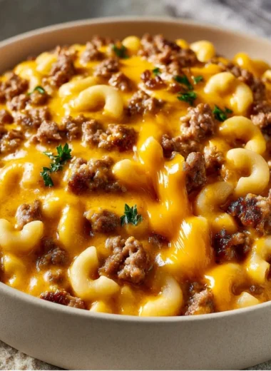 Cozy Cheesy Hamburger Helper dish served hot in a bowl
