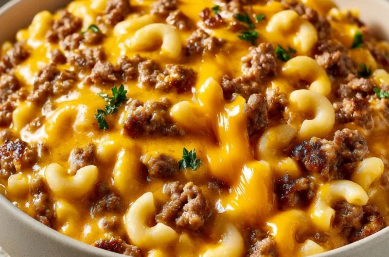Cozy Cheesy Hamburger Helper dish served hot in a bowl