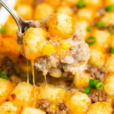 Delicious cozy tater tot casserole served in a bowl.