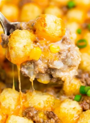 Delicious cozy tater tot casserole served in a bowl.