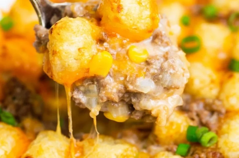 Delicious cozy tater tot casserole served in a bowl.