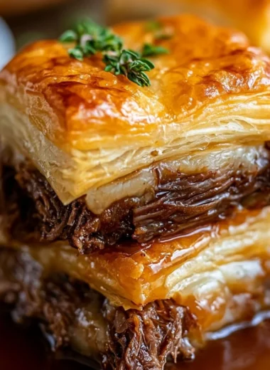 Cozy French Dip Squares served with au jus for dipping