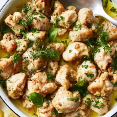 Delicious garlic-butter chicken bites served on a rustic plate.
