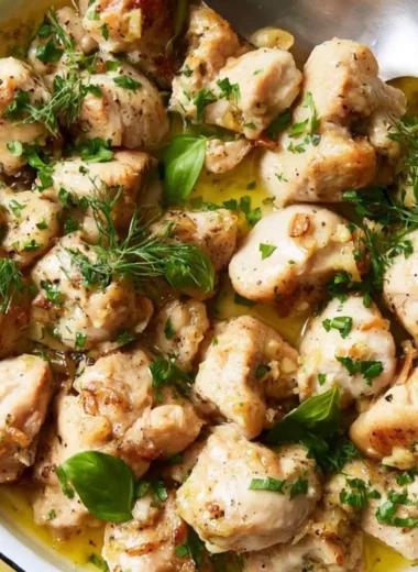 Delicious garlic-butter chicken bites served on a rustic plate.