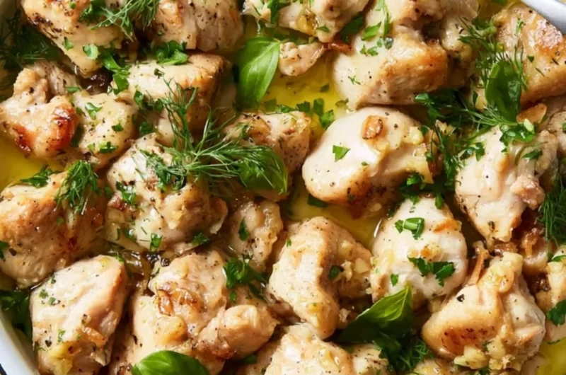 Delicious garlic-butter chicken bites served on a rustic plate.