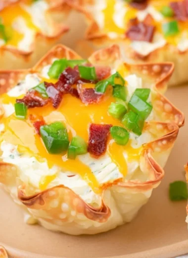 Cozy jalapeño popper wonton cups filled with creamy cheese and spicy jalapeños.